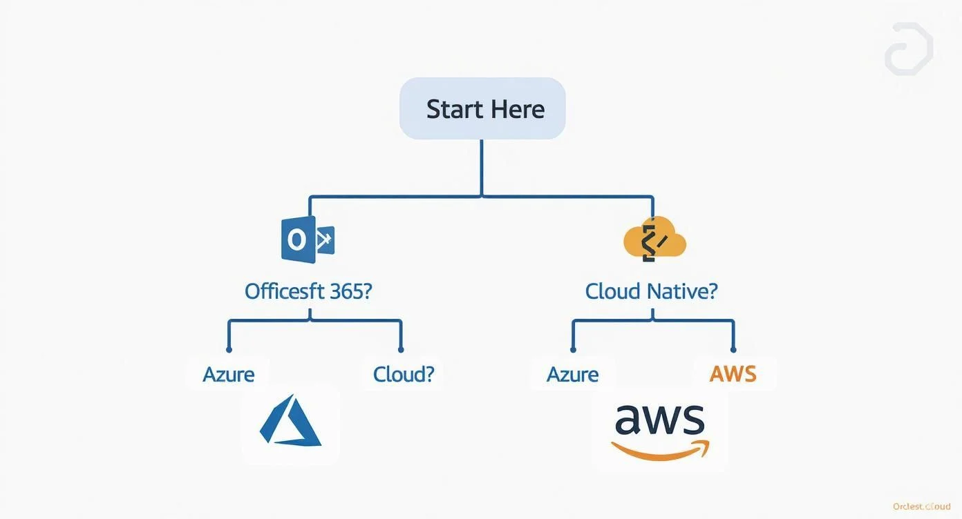 A decision tree diagram illustrating choices between Microsoft Office 365, Azure, and AWS cloud services.