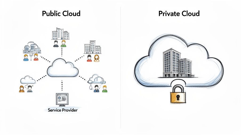 An illustration comparing public cloud with multiple users and shared services, and private cloud with dedicated, secure infrastructure.