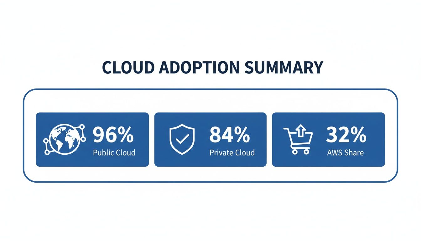 A cloud adoption summary infographic showing 96% public cloud, 84% private cloud, and 32% AWS share.