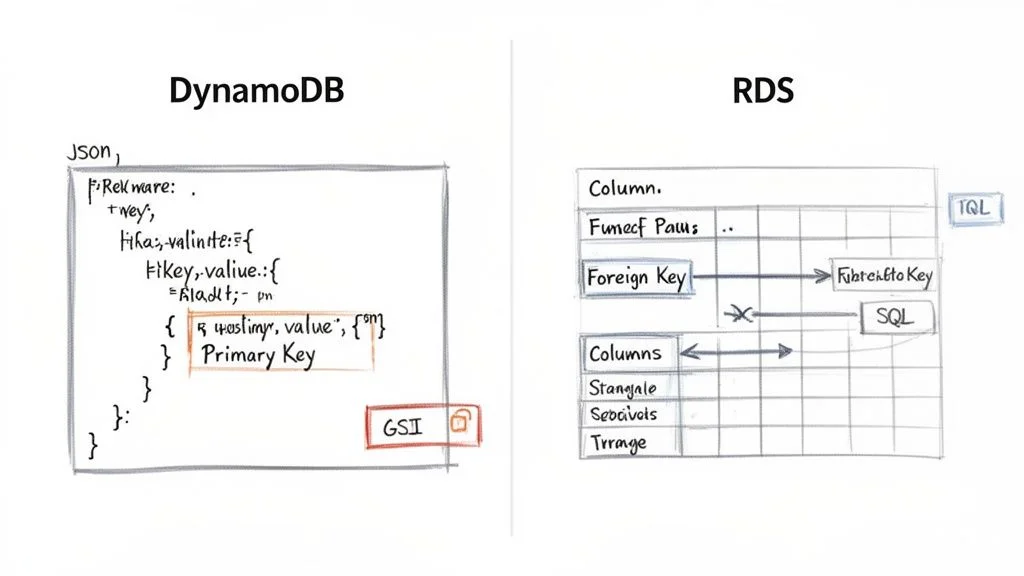 A diagram comparing DynamoDB's NoSQL JSON structure with RDS's relational database table and keys.