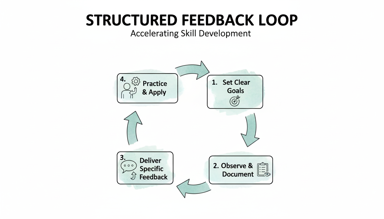 Two simplified people at a computer desk, one teaching the other, with a green checkmark.