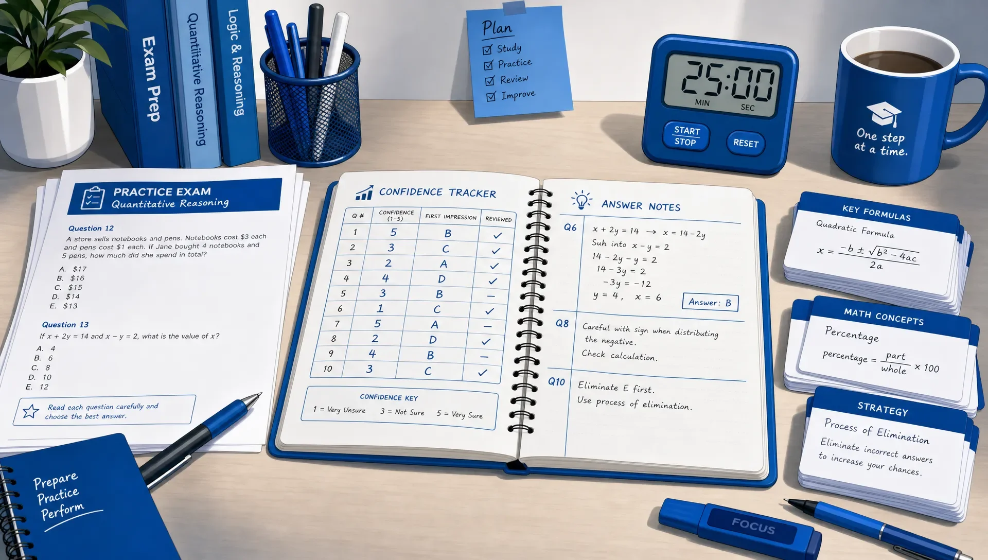 A study desk holds printed exam questions, a notebook with confidence ratings and answer notes, flashcards, and a timer.