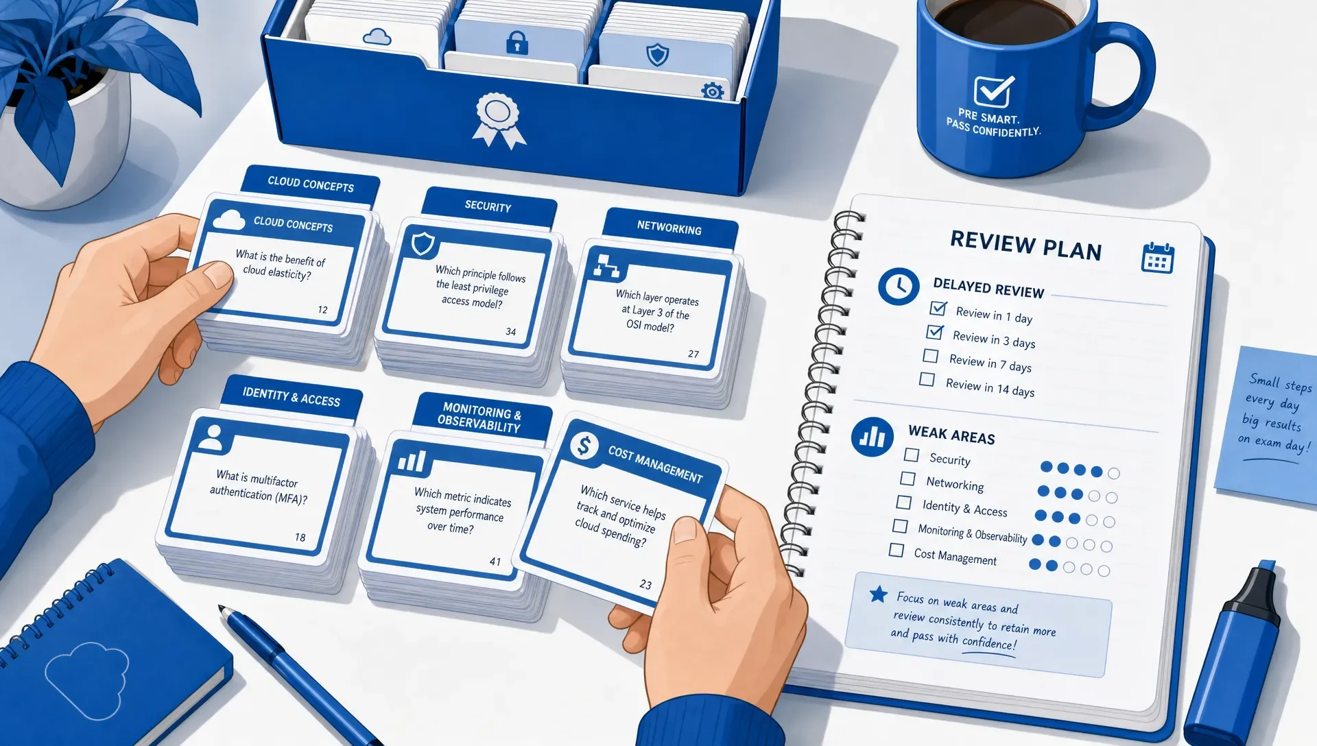 Hands sort certification flashcards into topic groups beside a checklist for delayed review and weak areas.