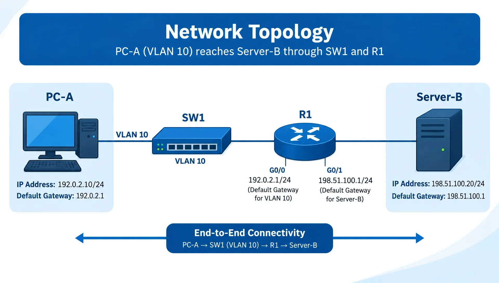 Network diagram showing PC-A connected to Server-B via SW1 and R1, with IP addresses and gateways.
