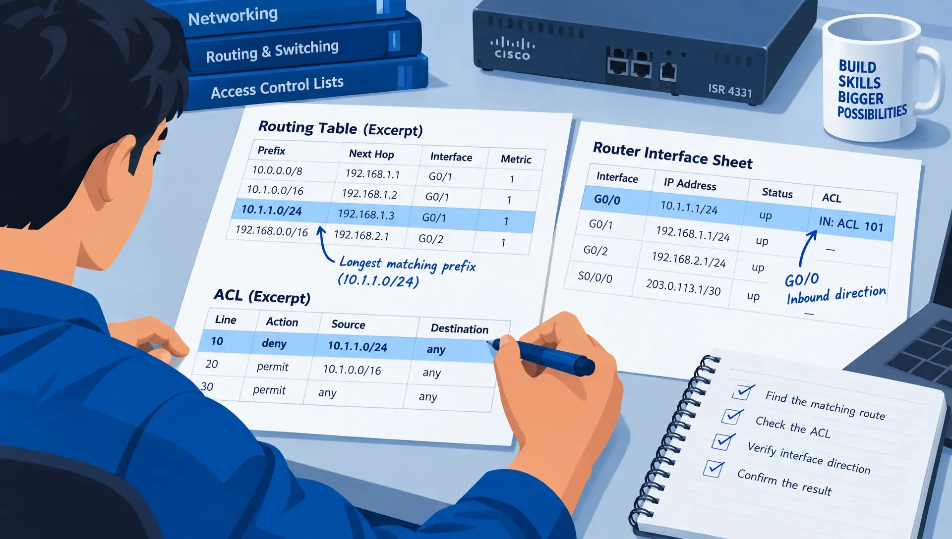 Learner annotating a routing table and ACL excerpt for a router interface, focusing on route matching and ACL direction.