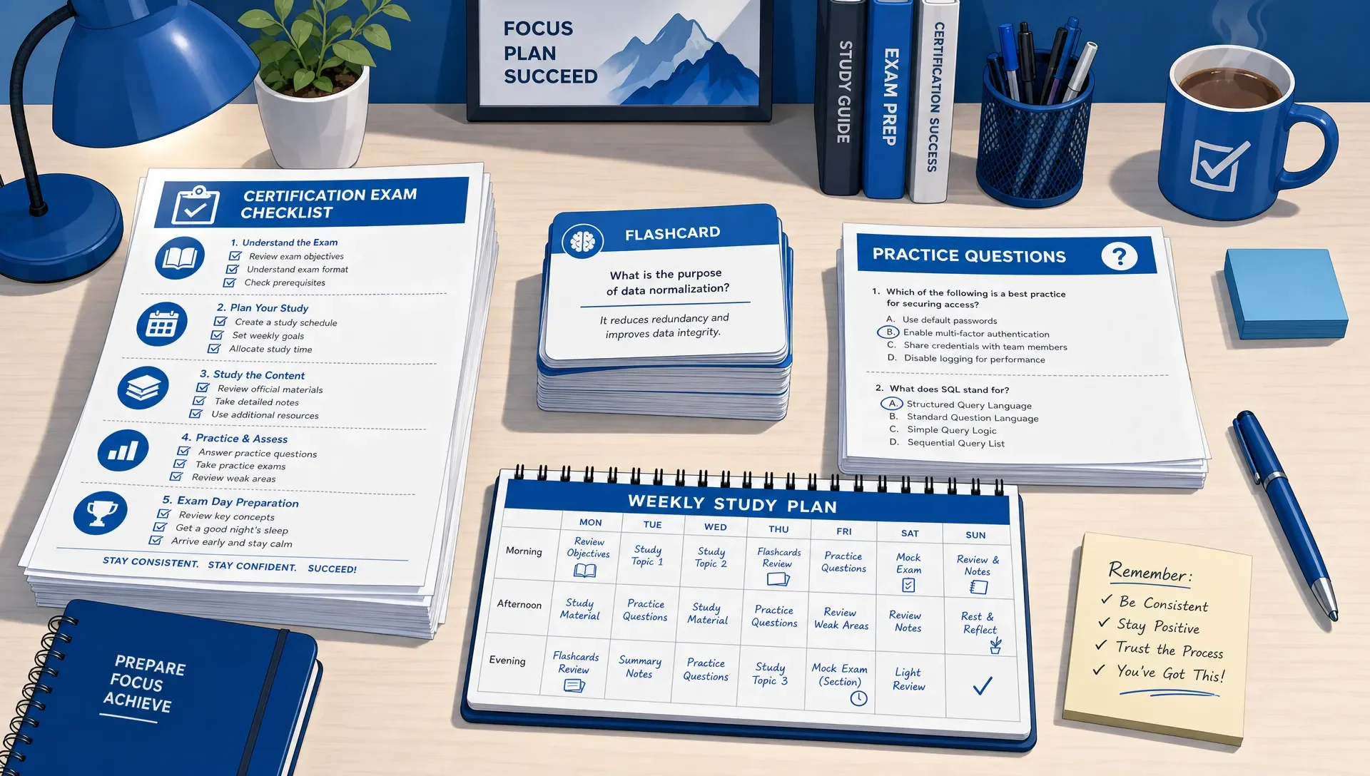 A study desk with a printed certification exam checklist, flashcards, practice question sheets, and a weekly study calendar arranged into separate piles.