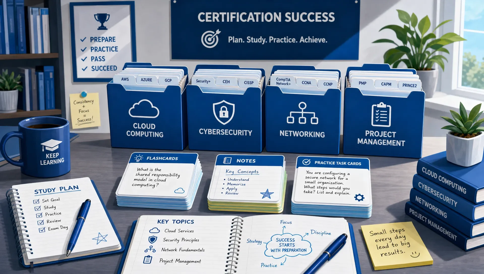 Certification prep materials grouped into cloud, cybersecurity, networking, and project management folders with flashcards, notes, and practice task cards on a study table.
