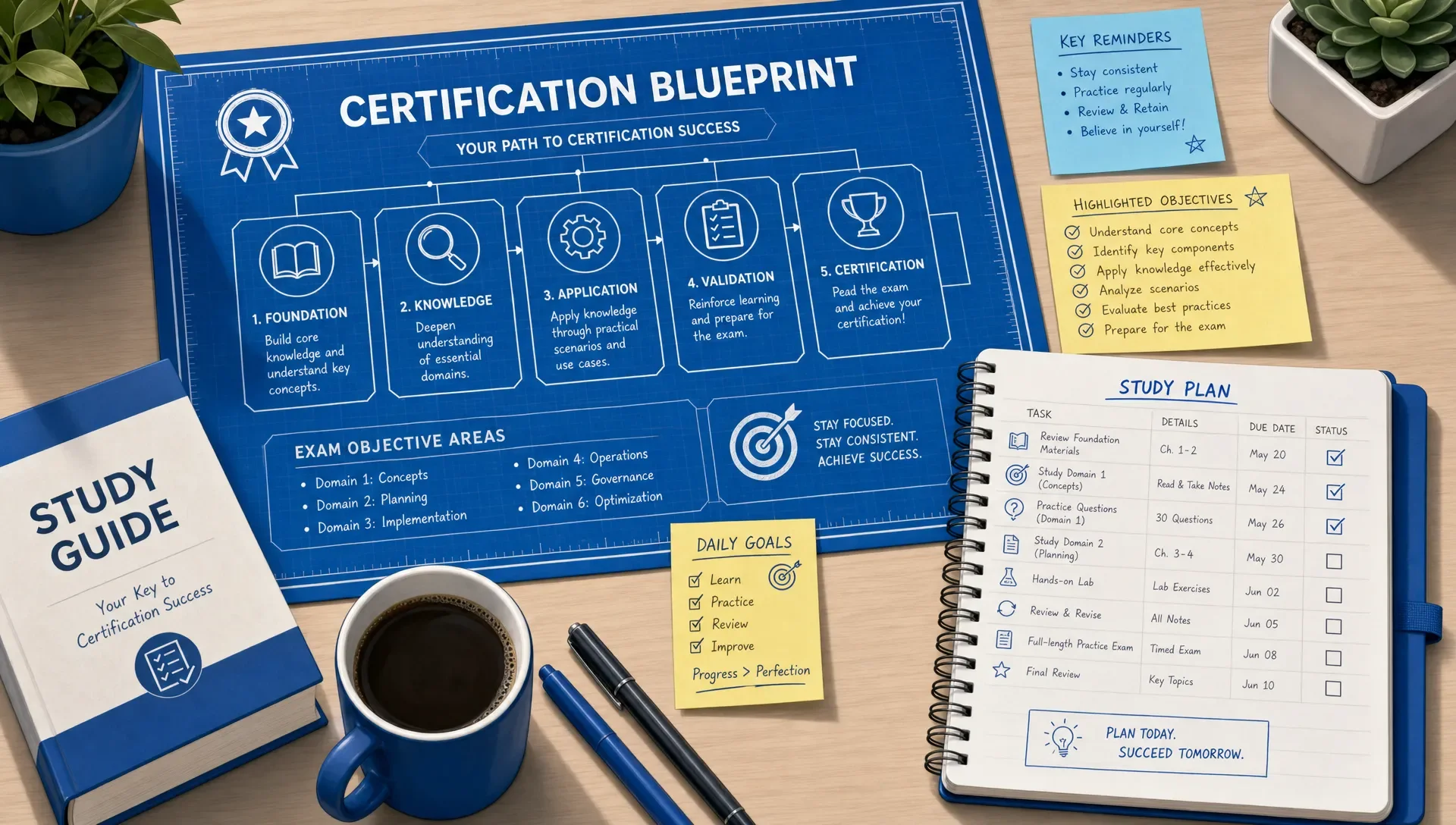 A certification blueprint, highlighted objectives, sticky notes, and a notebook mapped to study tasks on a desk.