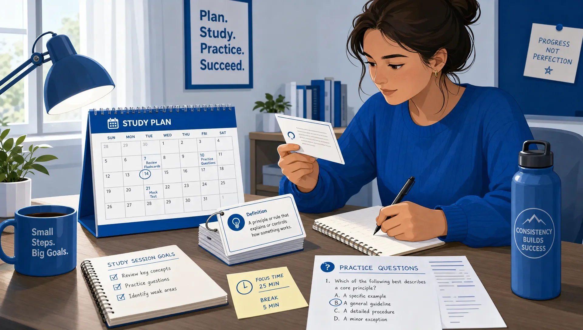 An adult learner reviews calendar blocks, flashcards, and practice question notes on a desk during a short study session.