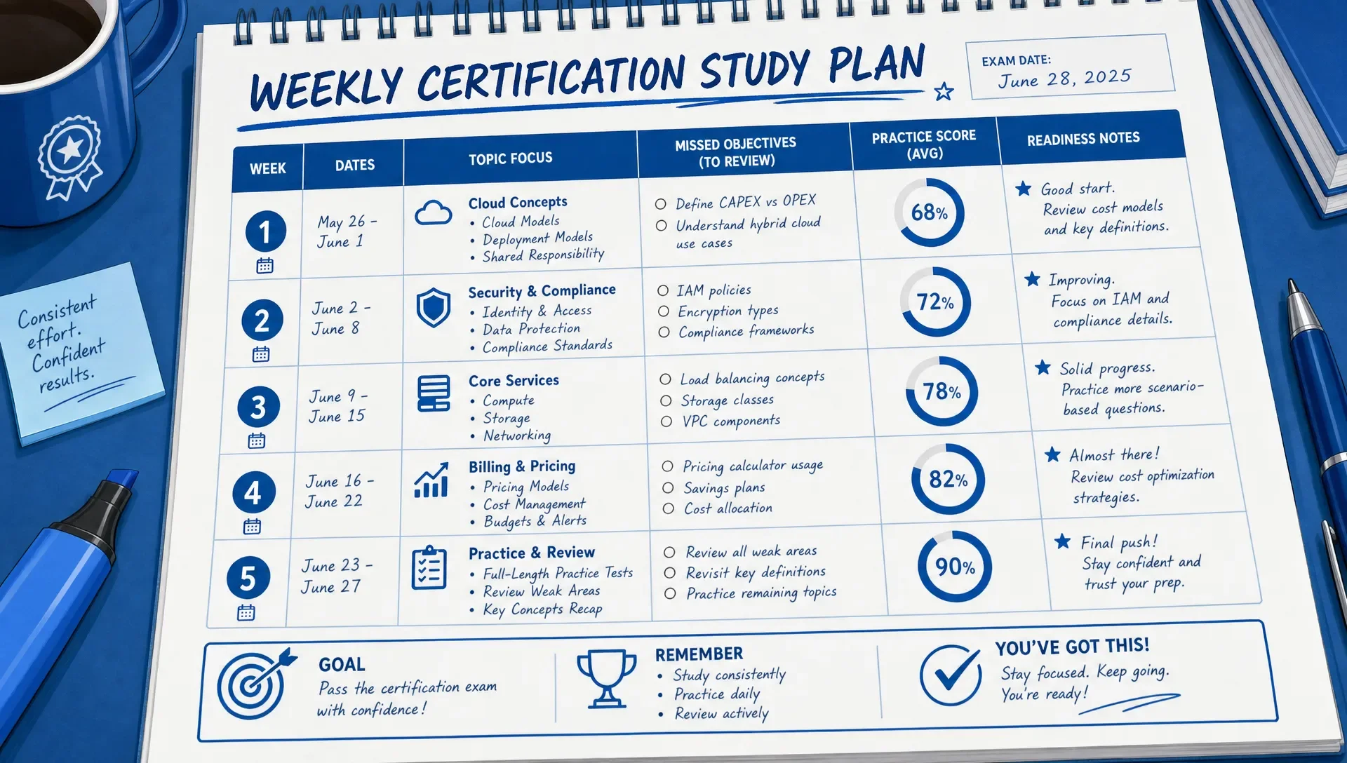 A weekly certification study plan on paper shows topic columns, missed objectives, practice scores, and readiness notes.