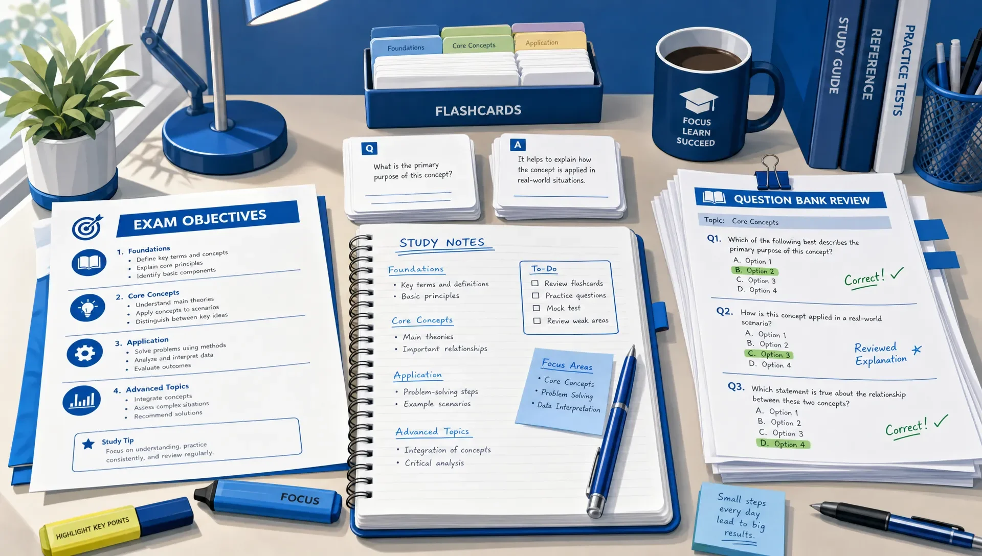 Study desk with exam objectives, flashcards, notebook, and marked questions for review.