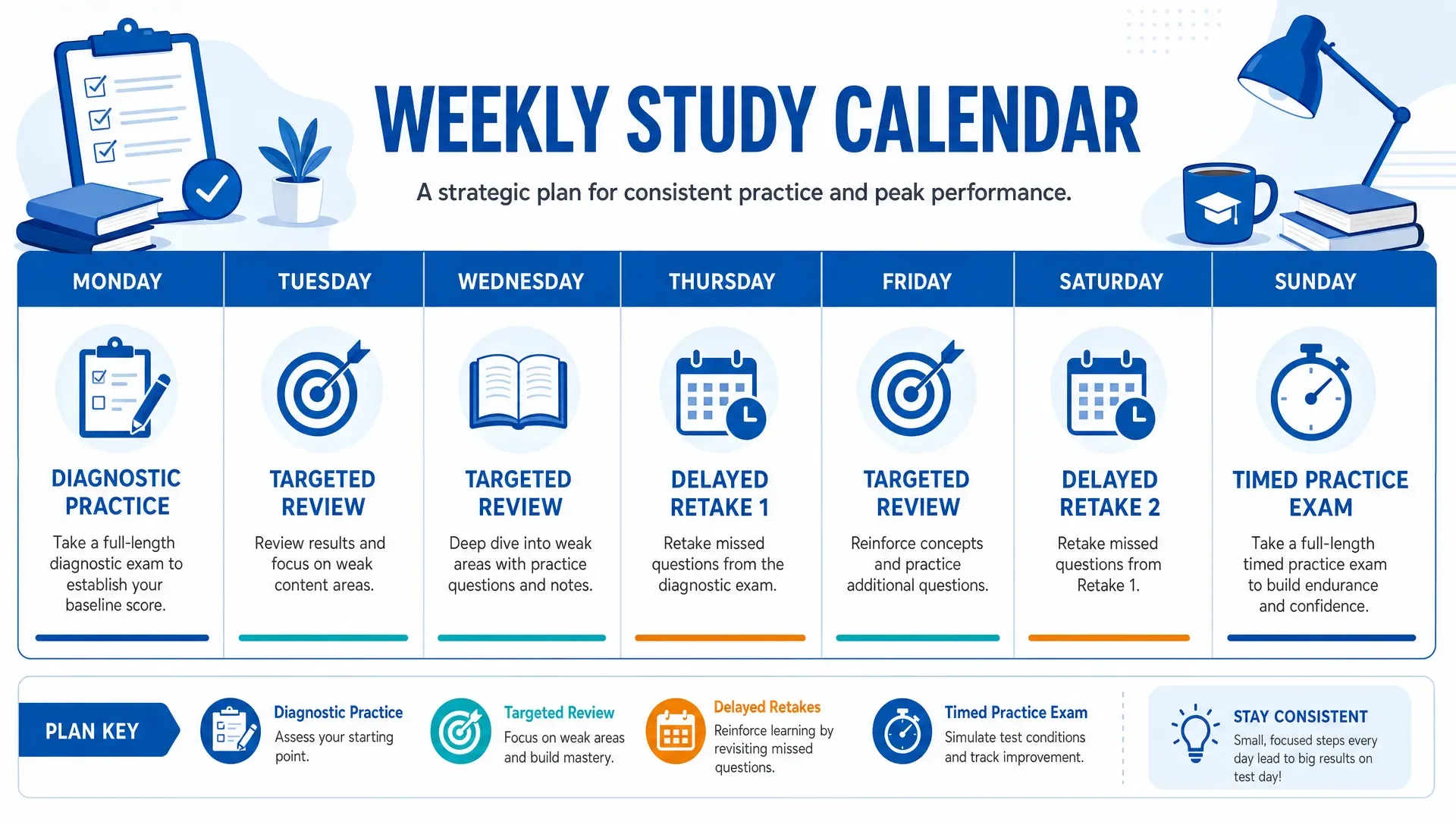 Weekly study calendar showing diagnostic practice, targeted review, delayed retakes, and a timed practice exam.