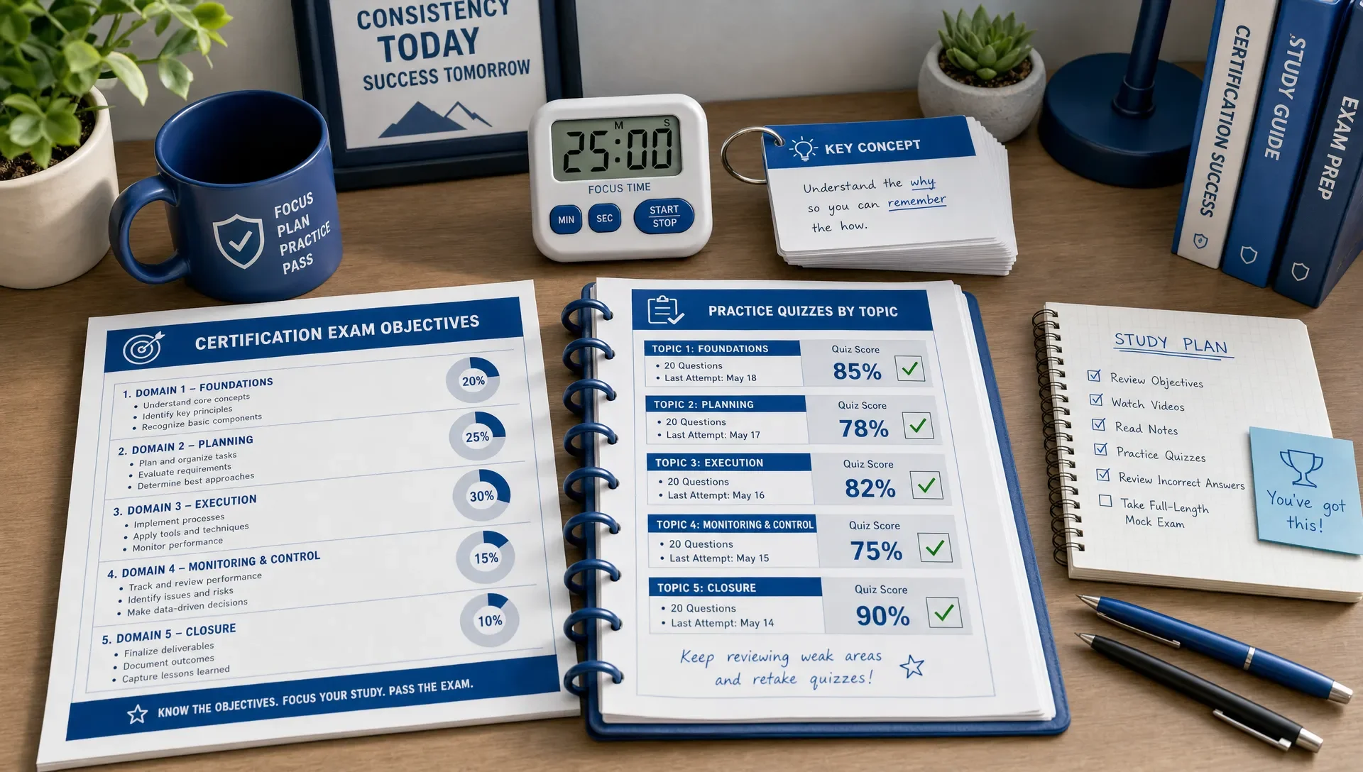 A certification study desk with printed exam objectives, a small stack of flashcards, a timer, and marked practice quiz pages organized by topic, shown from a slightly overhead angle in a quiet indoor setting.