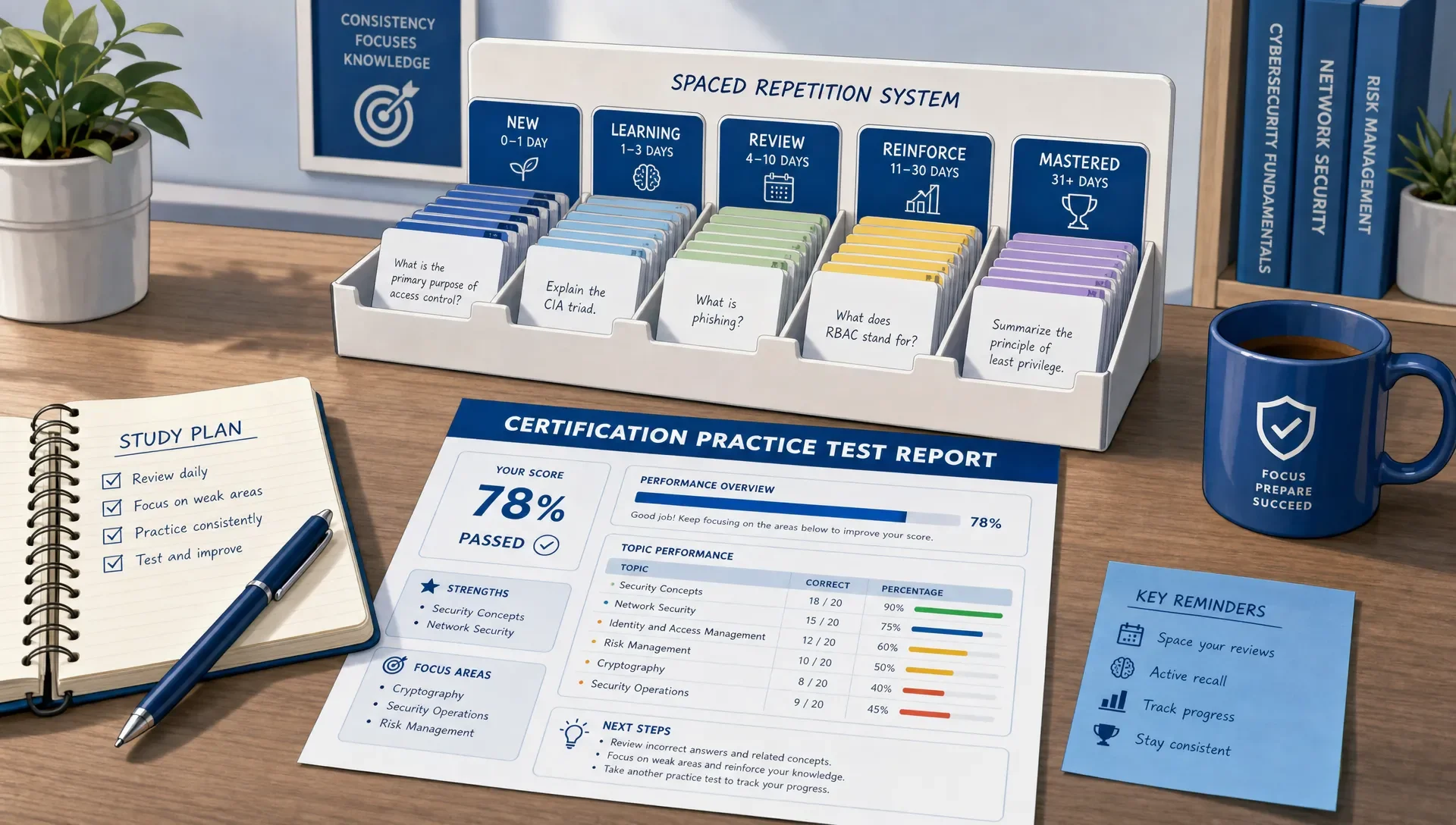 A spaced repetition study setup showing flashcards sorted into review intervals beside a certification practice test report with topic categories highlighted, arranged on a tabletop with a close-up view in a calm indoor setting.