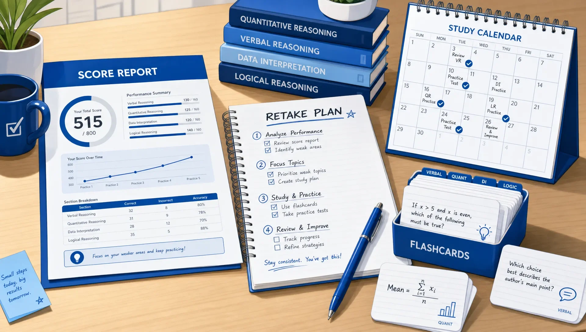 Score report, checklist, flashcards, and calendar on a desk for exam retake planning.