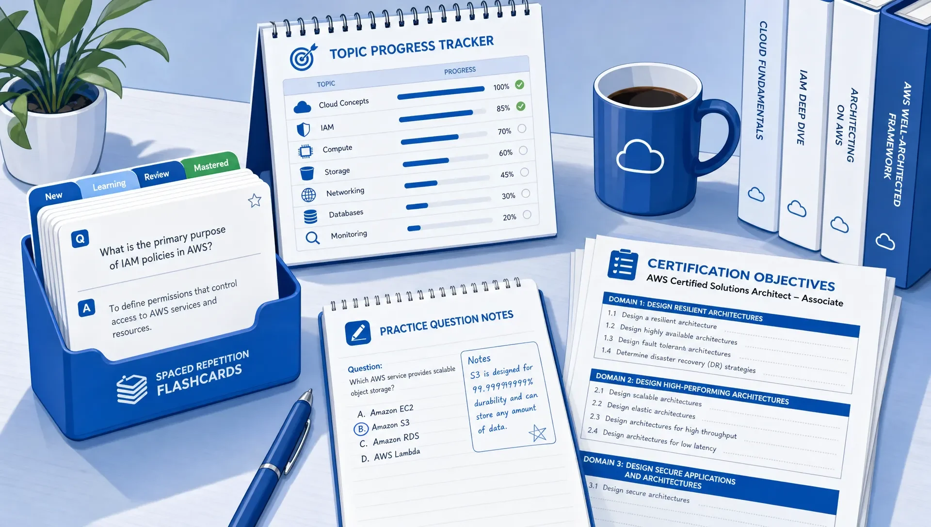 Spaced repetition flashcards, a progress tracker, practice notes, and objective printouts ready for study.