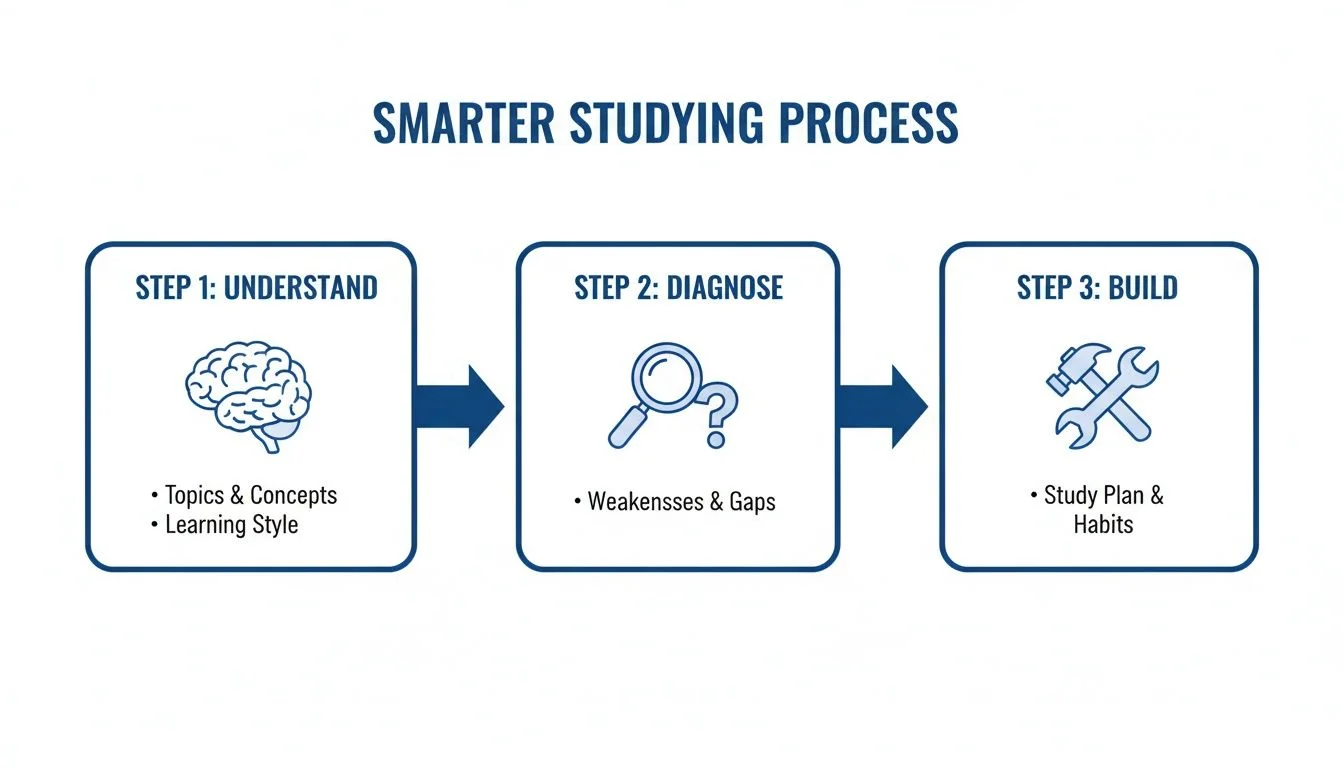 A flowchart illustrating a smarter studying process with three steps: Understand, Diagnose, and Build.