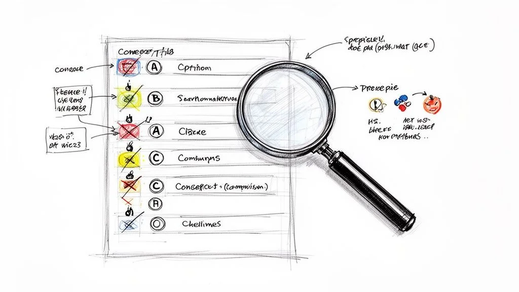 A hand-drawn sketch of a checklist with options marked and annotated, viewed through a magnifying glass.