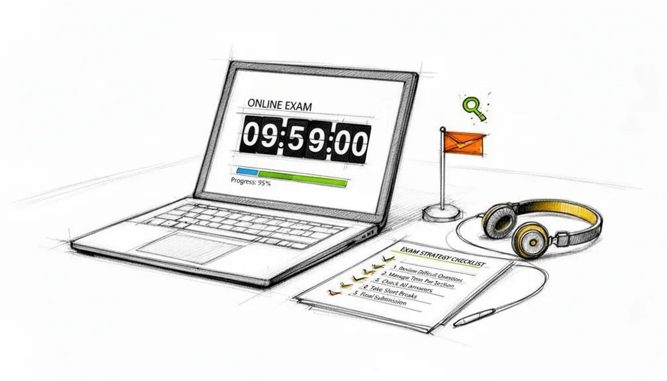 A sketch of a laptop displaying an exam timer, headphones, and study materials on a desk.