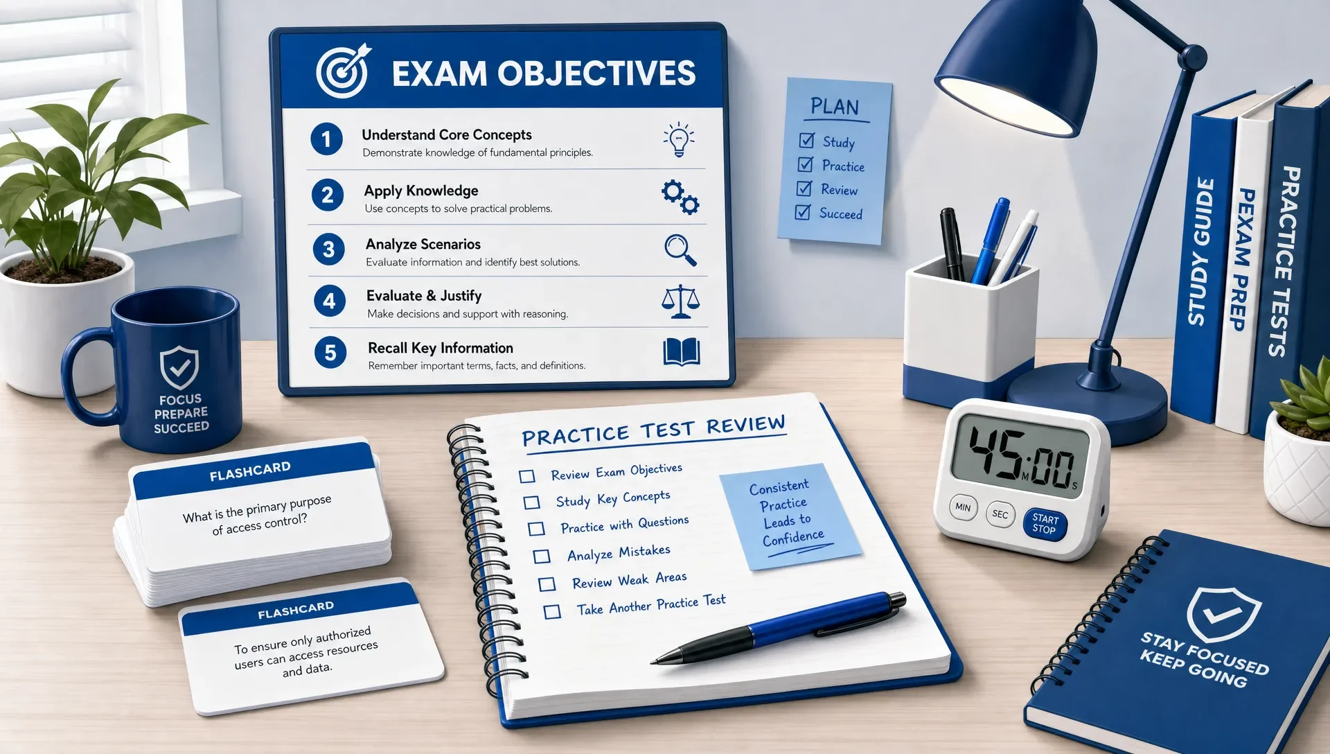 Study desk with exam objectives, flashcards, timer, and notebook.