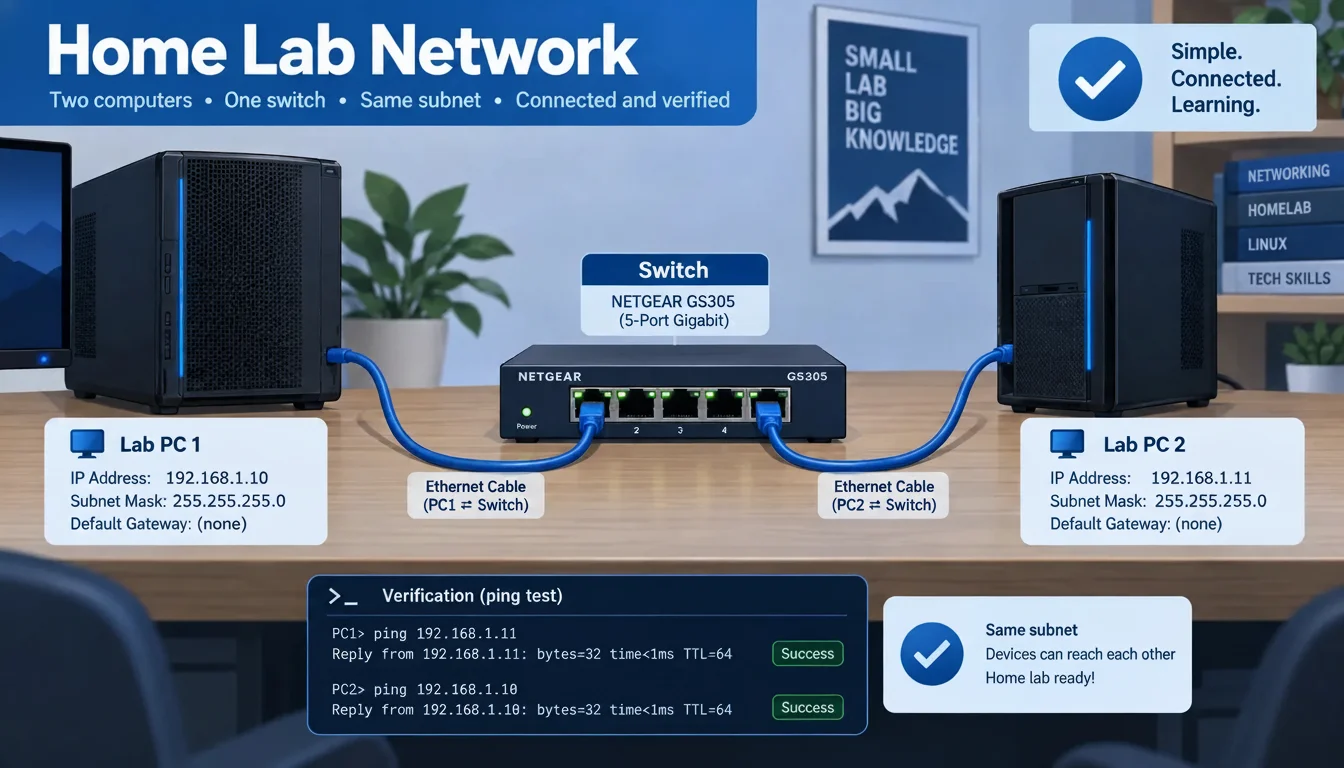 A compact switch links two home lab computers through labeled Ethernet cables, with subnet and verification notes beside them.