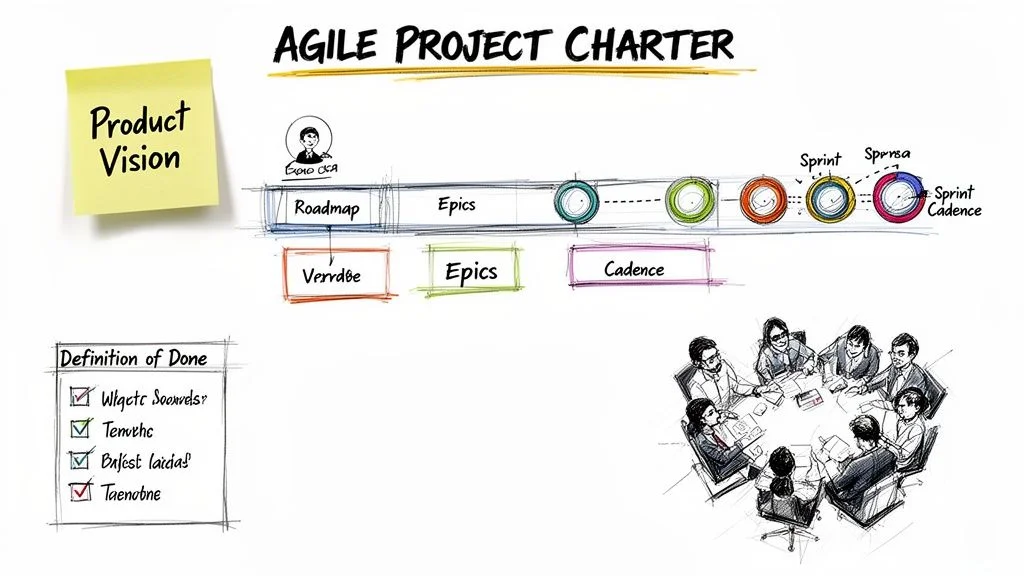 An Agile Project Charter visualizes product vision, roadmap, epics, sprints, and definition of done for team collaboration.