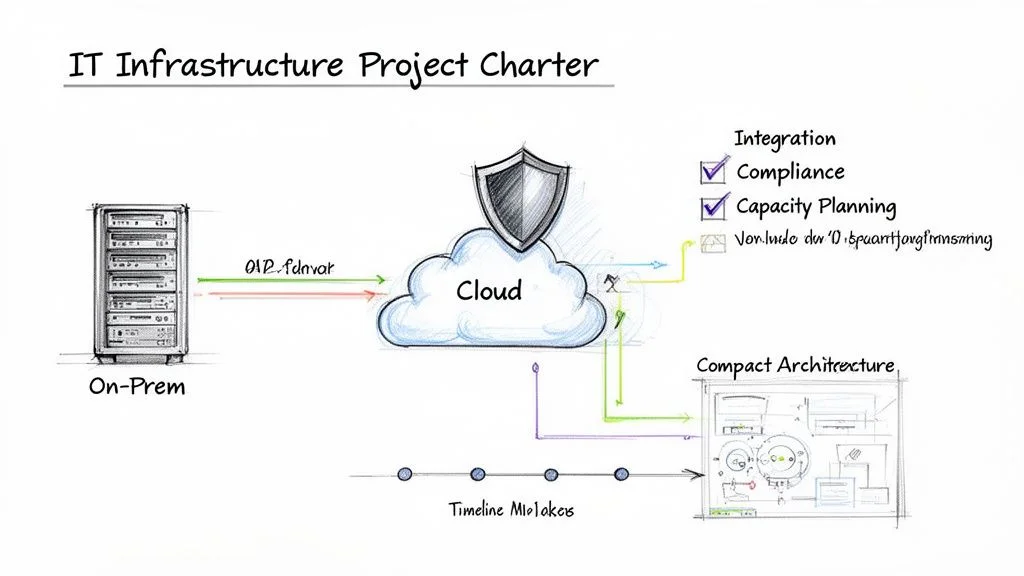 IT infrastructure project charter diagram showing on-premise to cloud migration, security, compliance, and architecture.