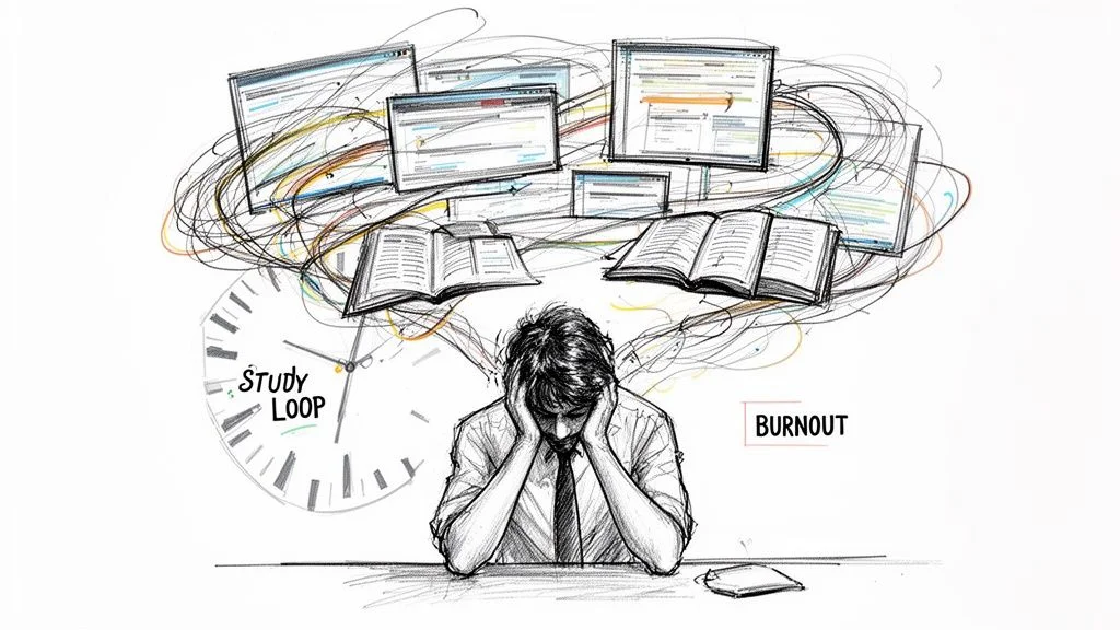 A person looking stressed while surrounded by computer screens, open books, and a clock symbol representing burnout.