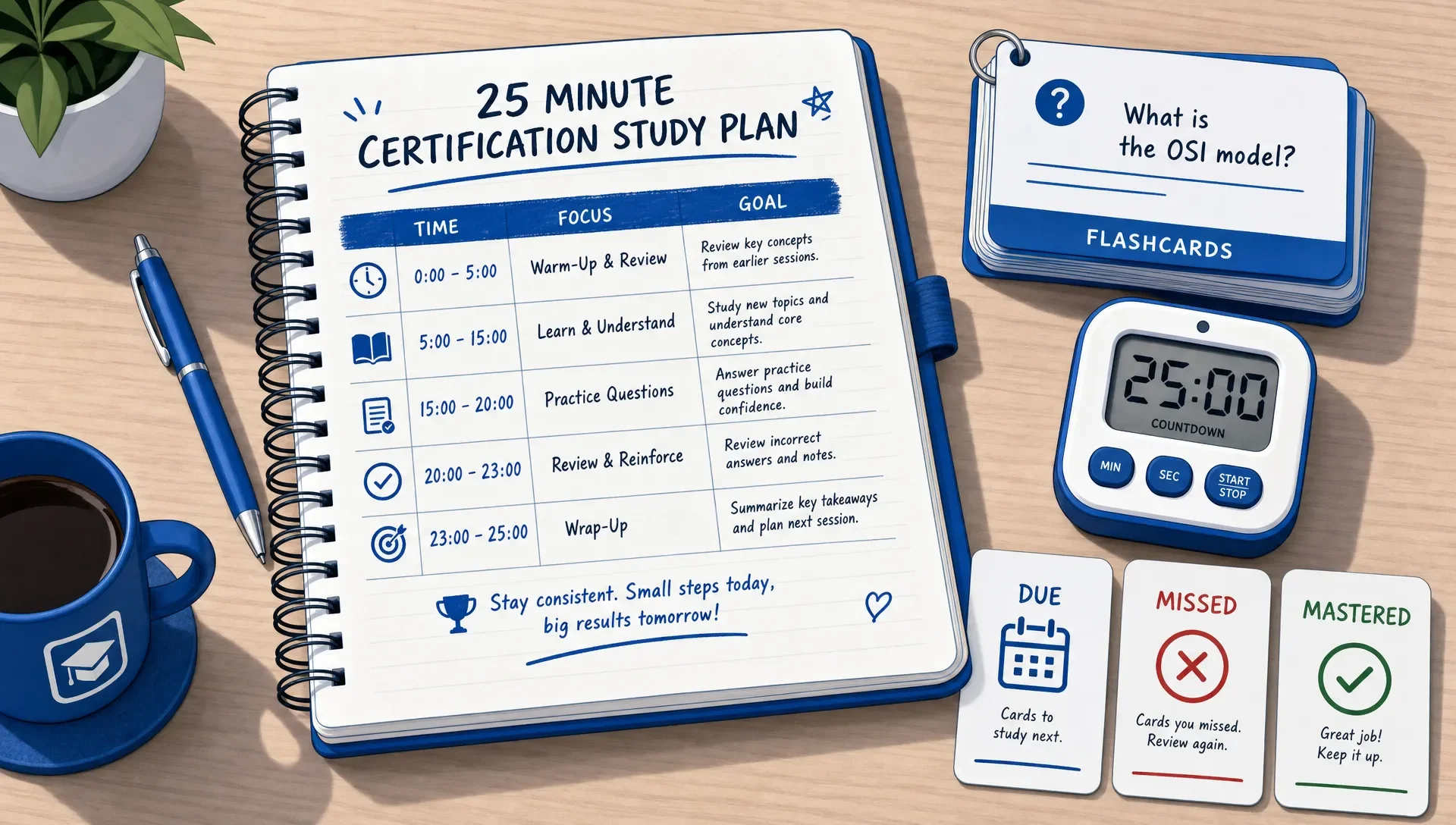 Study setup with a notebook, flashcards, and a timer.