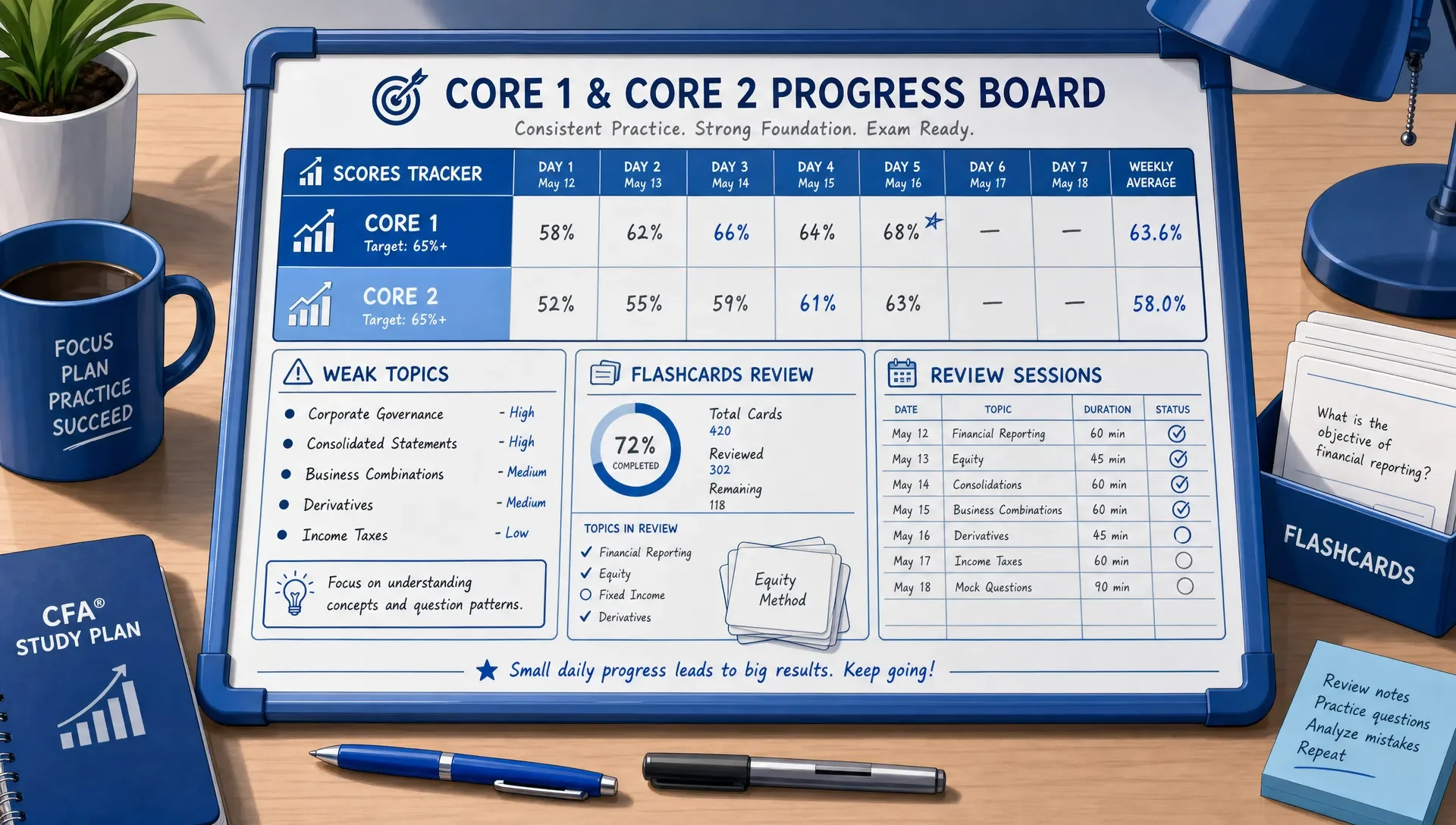 Tabletop progress board tracking Core 1 and Core 2 scores with notes and flashcards.