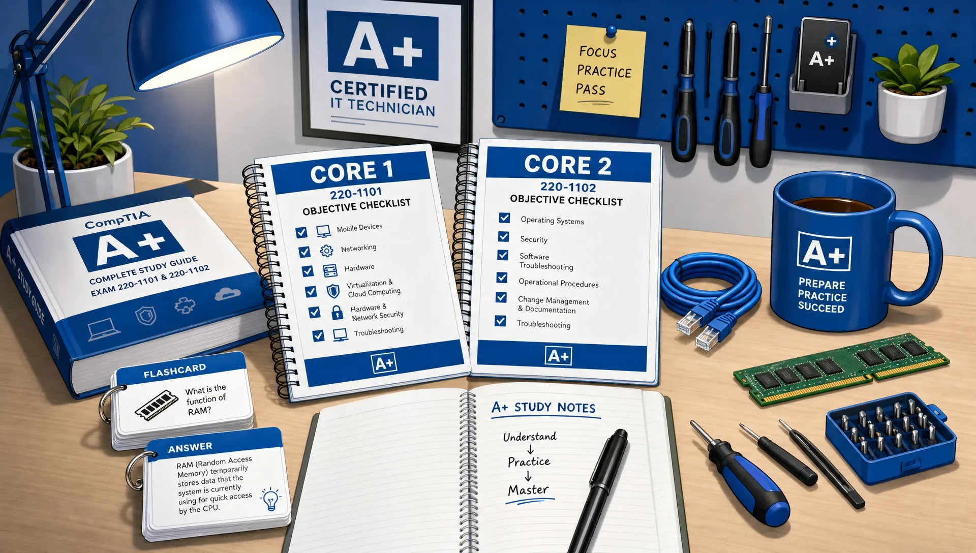 Study desk with Core 1 and Core 2 checklists, flashcards, and IT tools.