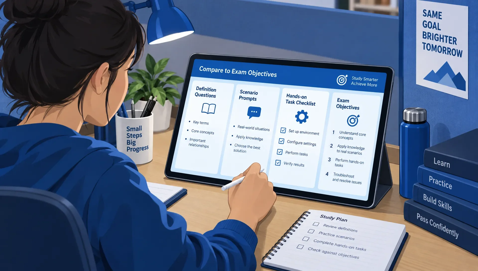 Learner comparing different question types and an exam objective checklist on a tablet.
