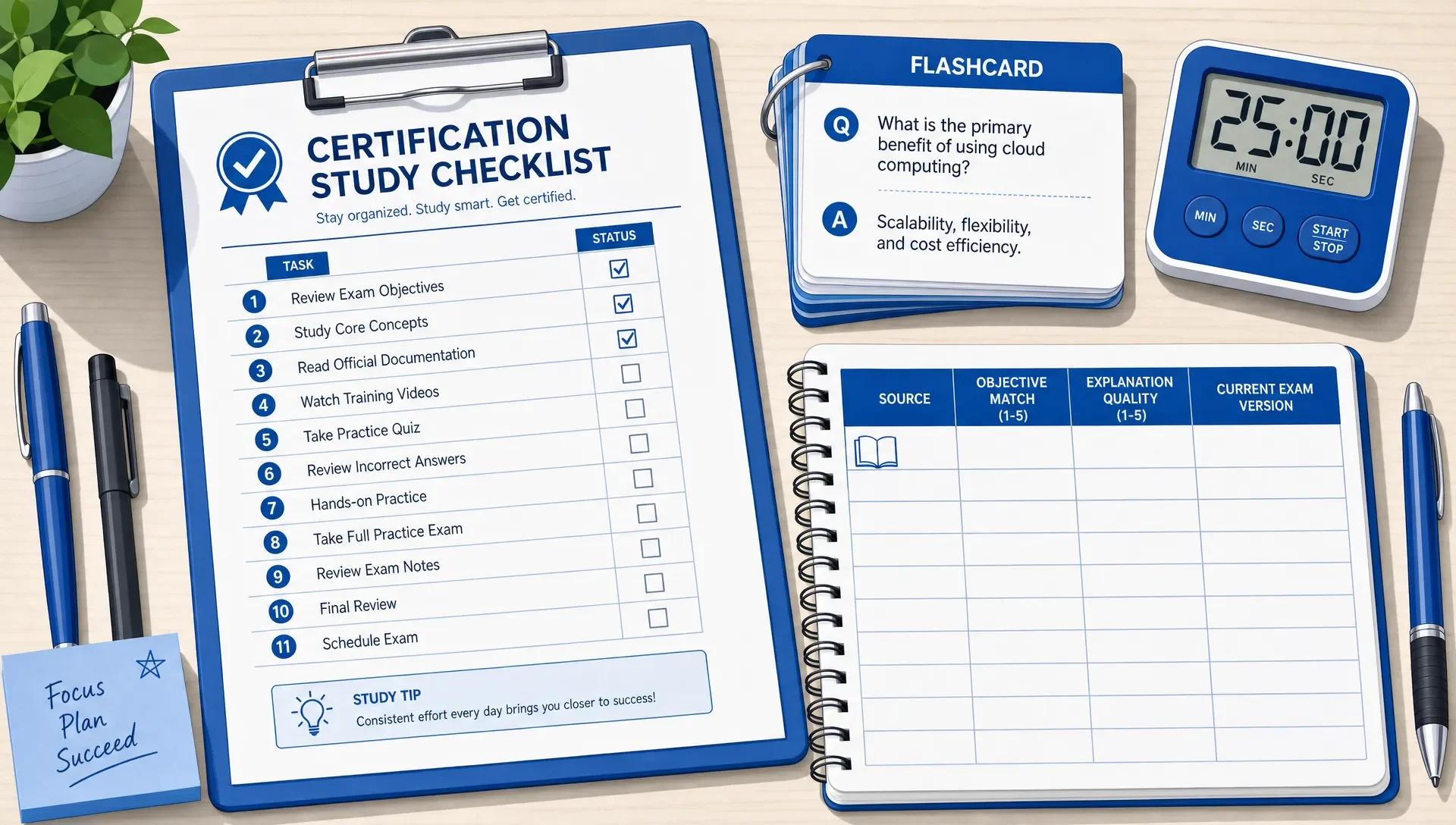 Study checklist worksheet next to flashcards and a notebook with audit categories.