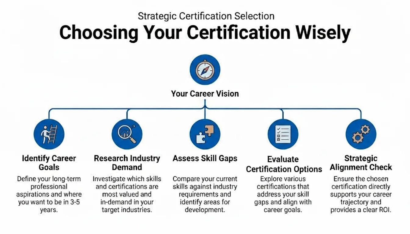 A flowchart diagram titled Choosing Your Certification Wisely, illustrating five key steps for selecting strategic professional certifications.