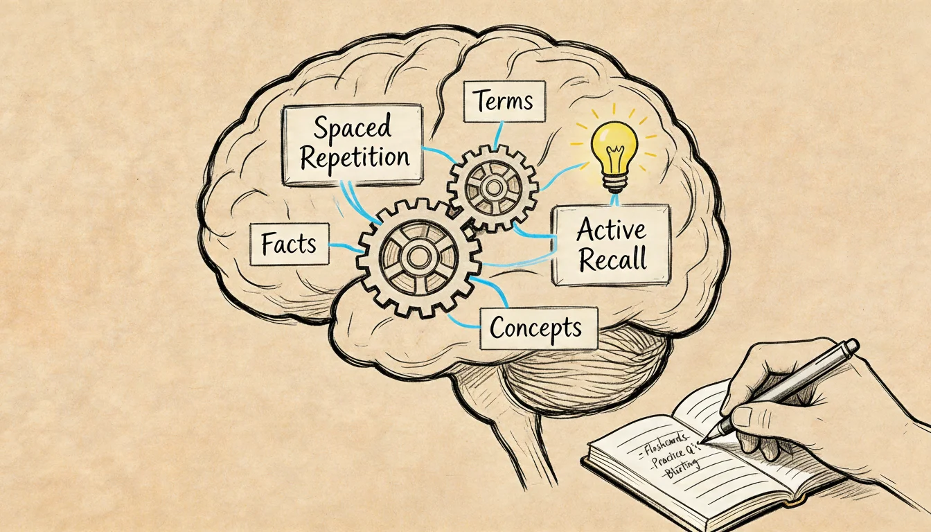 A sketched illustration of a human brain with interconnected gears, lightbulb, and study concepts with a person writing.