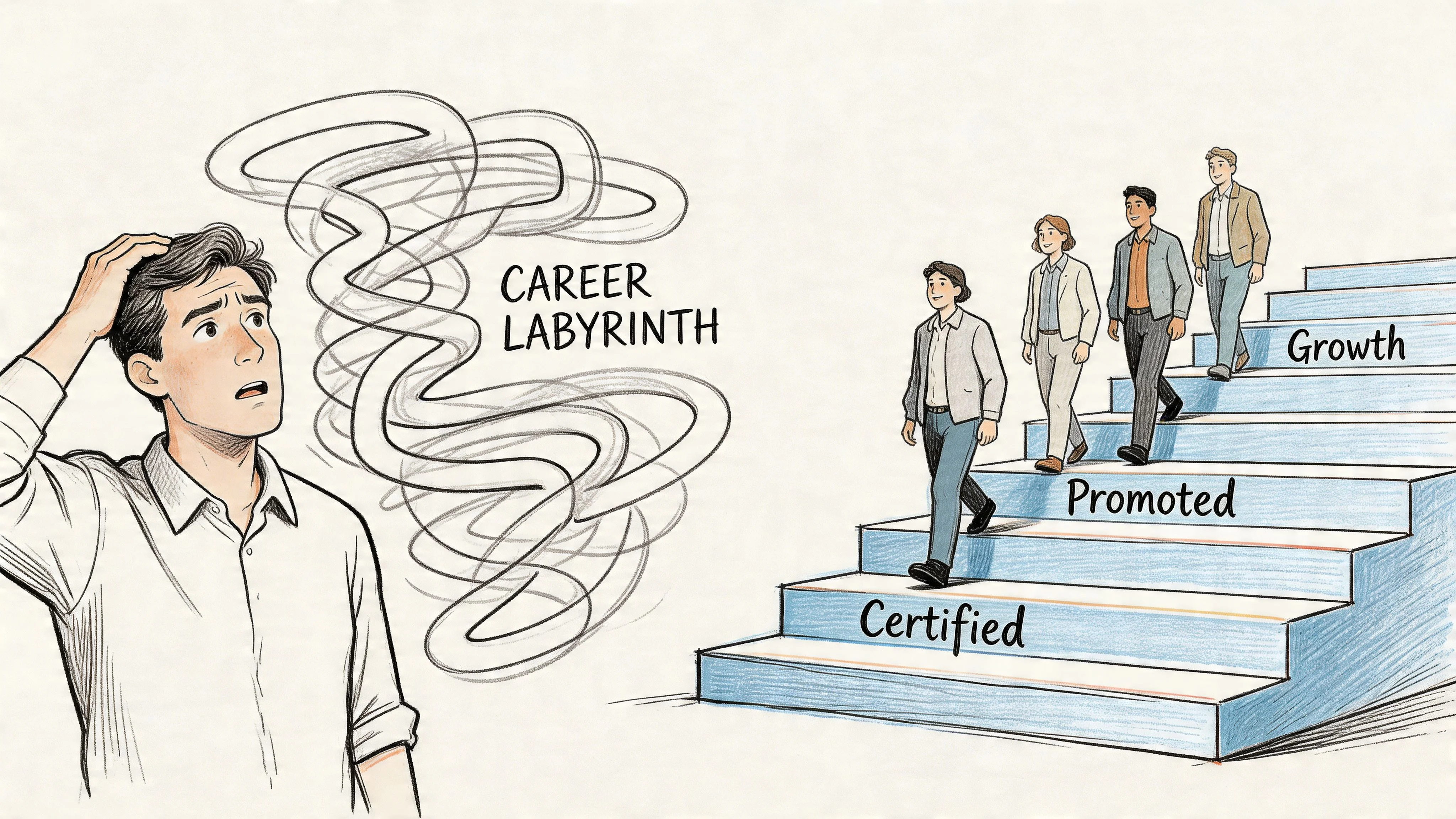 A confused man looking at a complex career labyrinth path versus a clear staircase with career progression steps.
