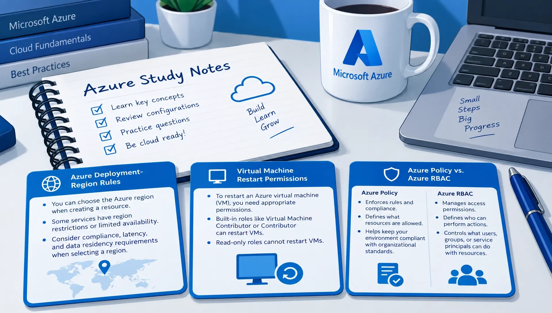 Notebook and flashcards distinguishing Azure Policy from Azure RBAC for deployment regions and VM restart permissions.