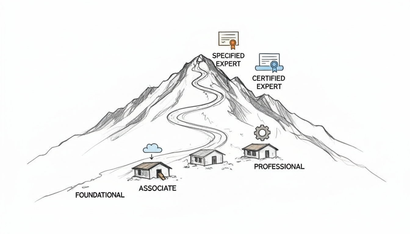 An illustration of a mountain path with houses and a passport representing various certification levels.
