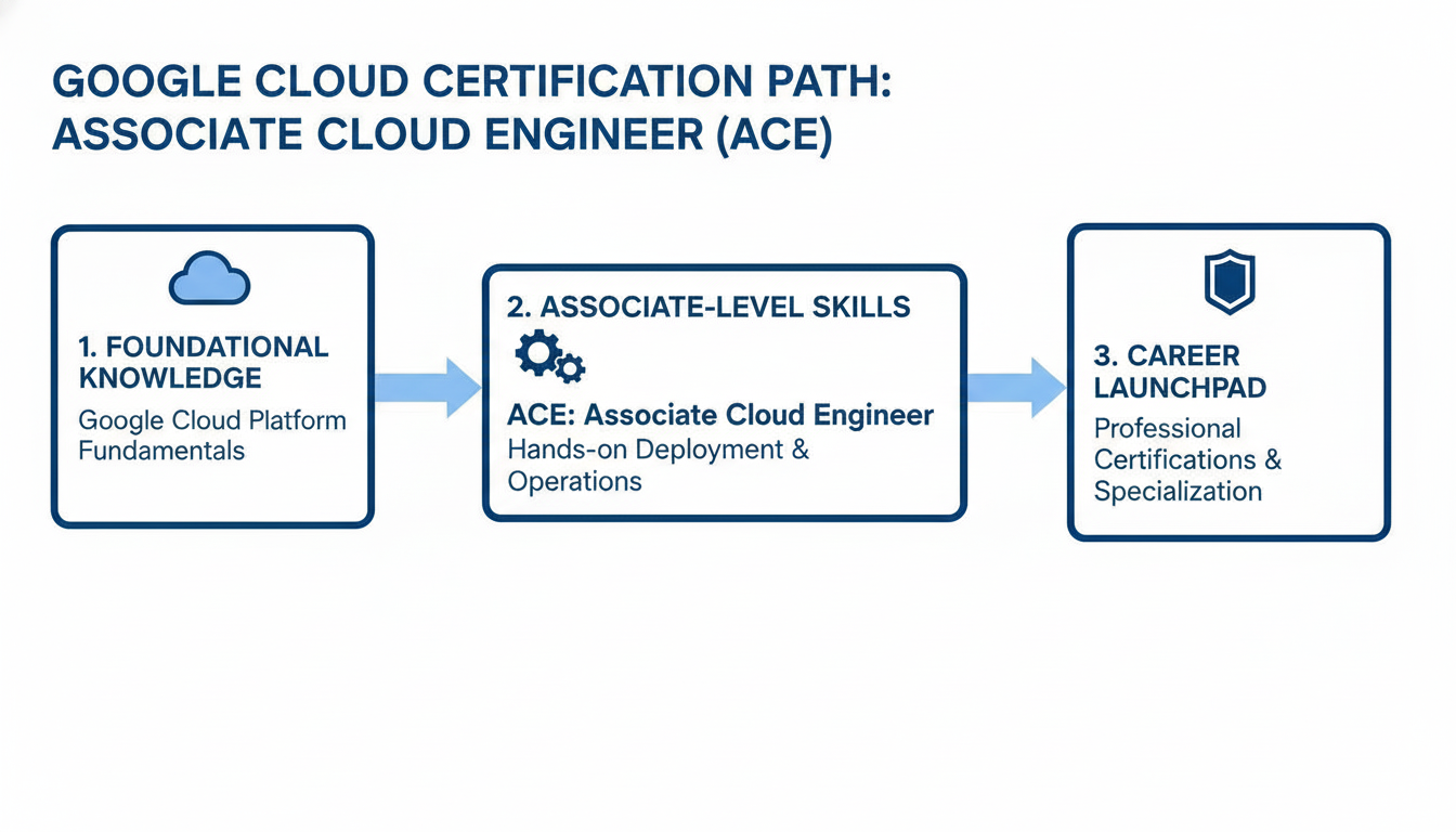Diagram illustrating the logical progression from general Google Cloud knowledge to Associate Cloud Engineer, and then to Professional level specializations.