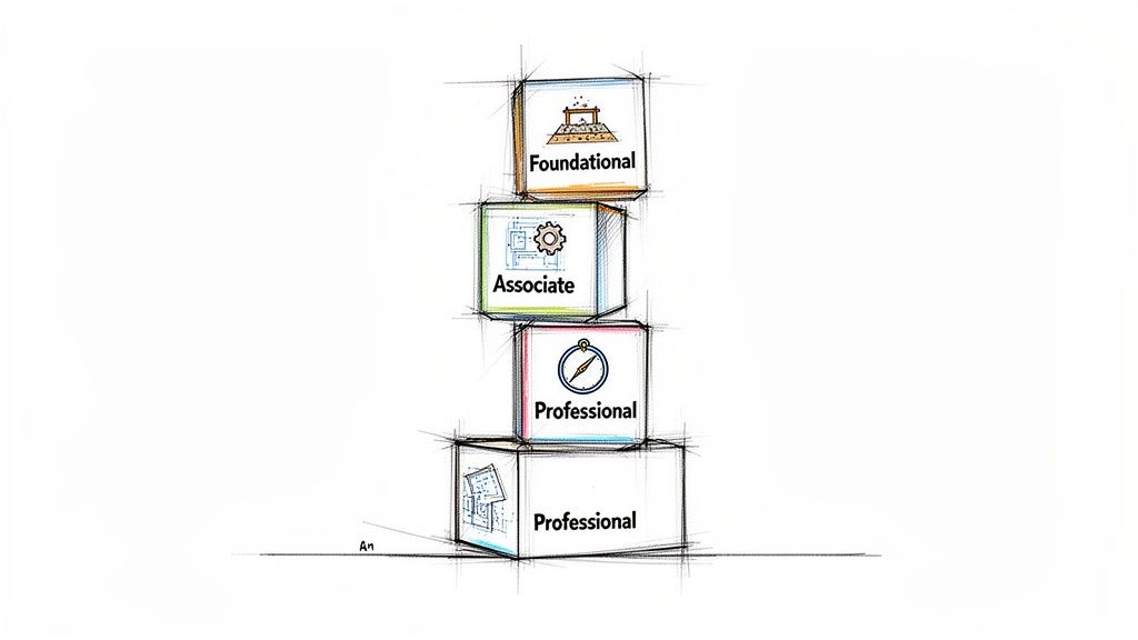 Four stacked blocks illustrating a certification journey: Foundational, Associate, and Professional levels.
