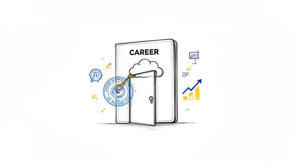 Illustration of a 'CAREER' book with an open door to a cloud, symbolizing professional growth and new opportunities.