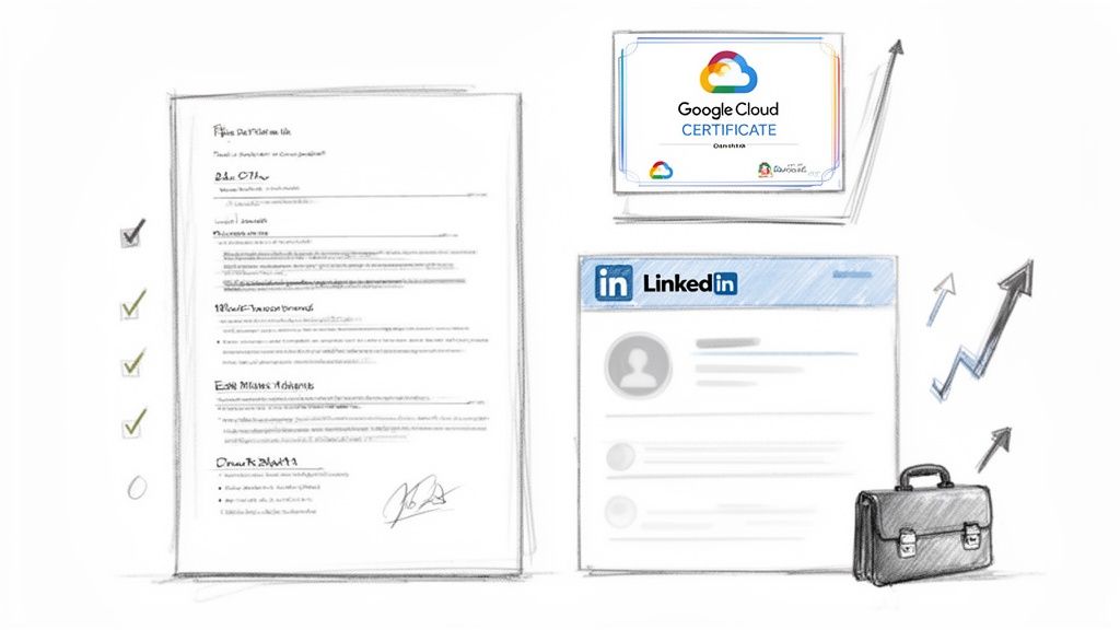 Sketch illustration depicting professional growth with a Google Cloud certificate, LinkedIn profile, and business items.