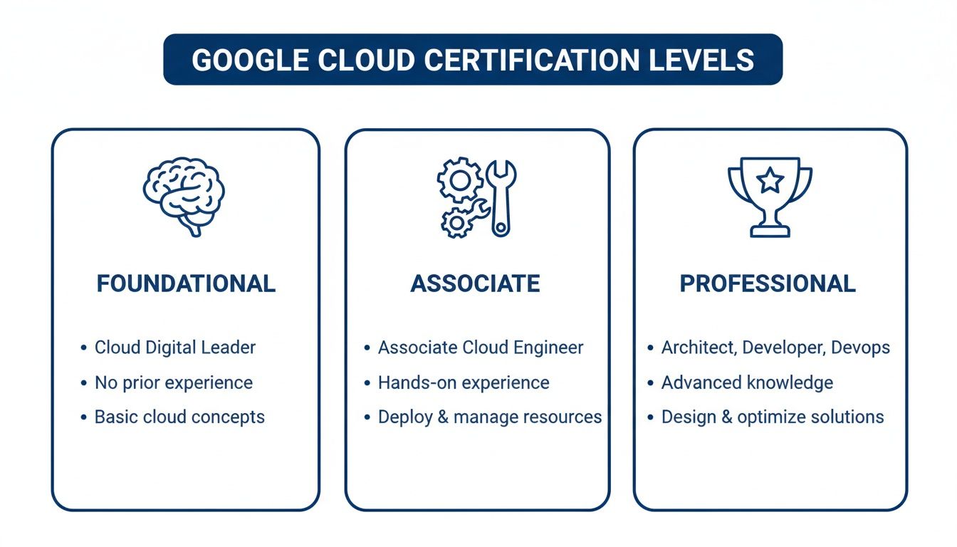 An infographic detailing Google Cloud Certification Levels: Foundational, Associate, and Professional, with descriptions and requirements.