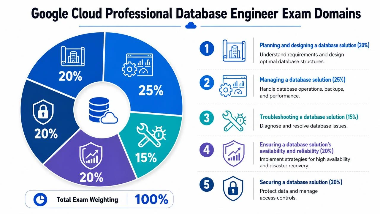 Pie chart of Google Cloud Professional Database Engineer exam domain weights.