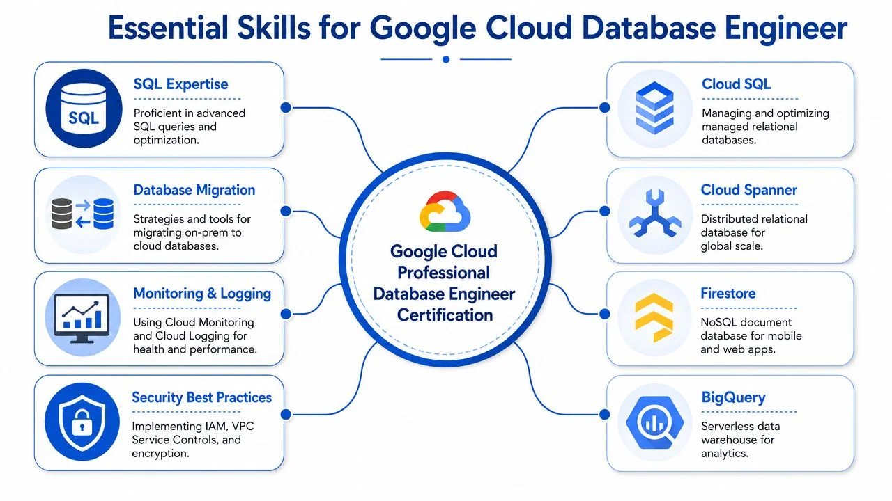 Diagram illustrating essential skills for the Google Cloud Professional Database Engineer certification.