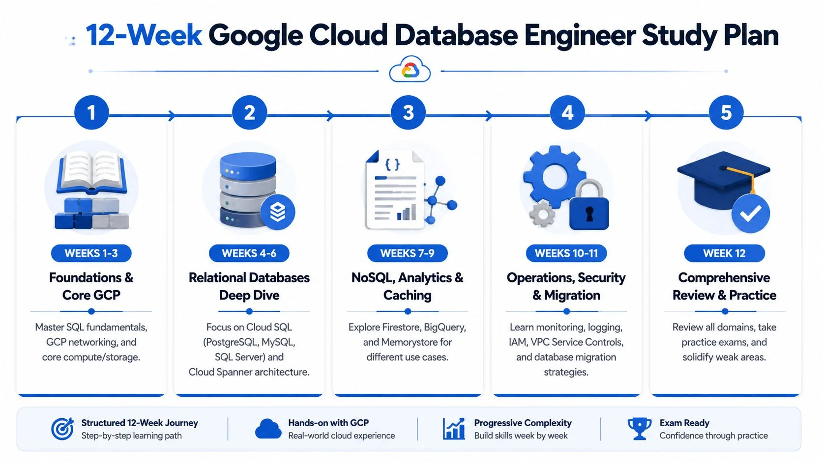 Infographic of a 12-week study plan for the Google Cloud Database Engineer certification.