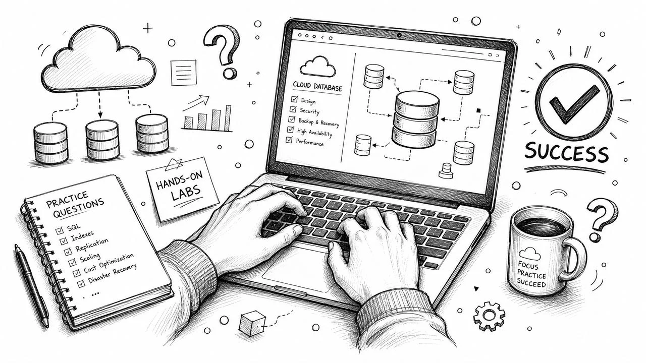 Illustration of a professional studying for a cloud database engineer certification.