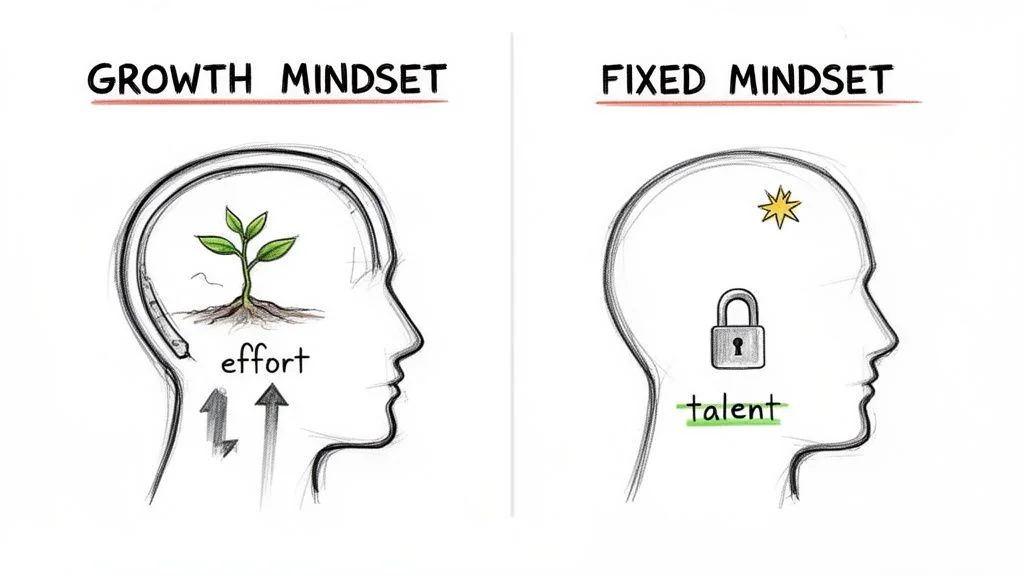 An illustration comparing a growth mindset (plant with effort) to a fixed mindset (talent with a lock).