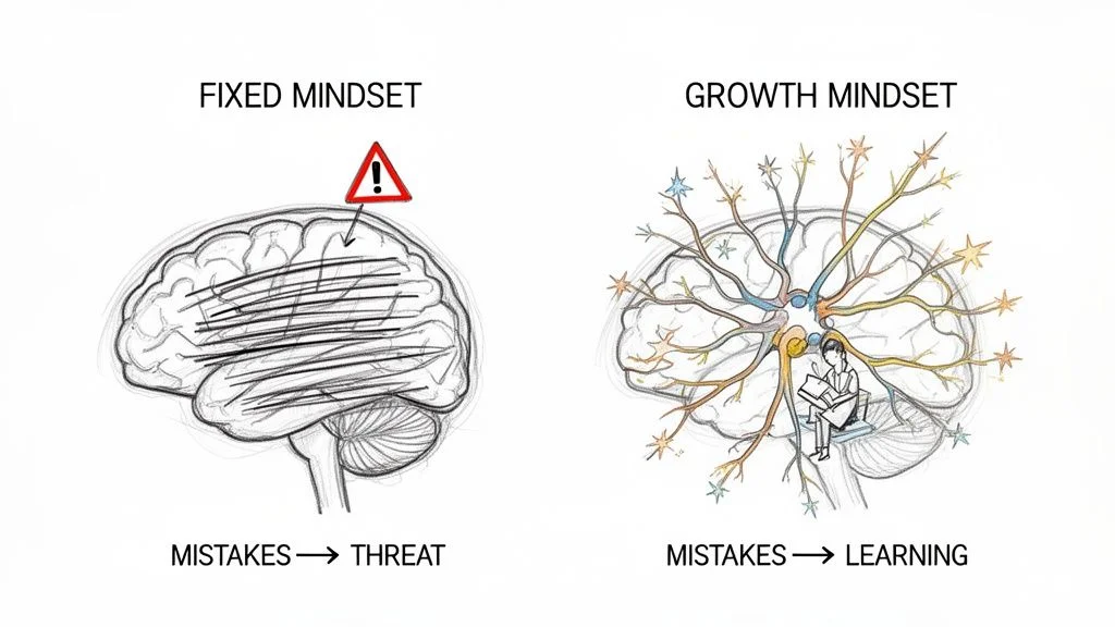 Illustration comparing fixed mindset (mistakes as threat) with growth mindset (mistakes as learning), showing brain representations.