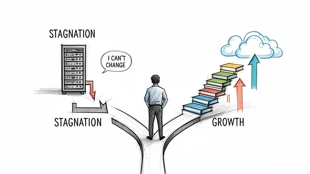 Illustration of a person choosing between stagnation with old tech or growth through learning and cloud.